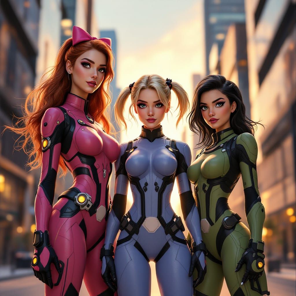 Adult Powerpuff Girls in Modern City Sunset