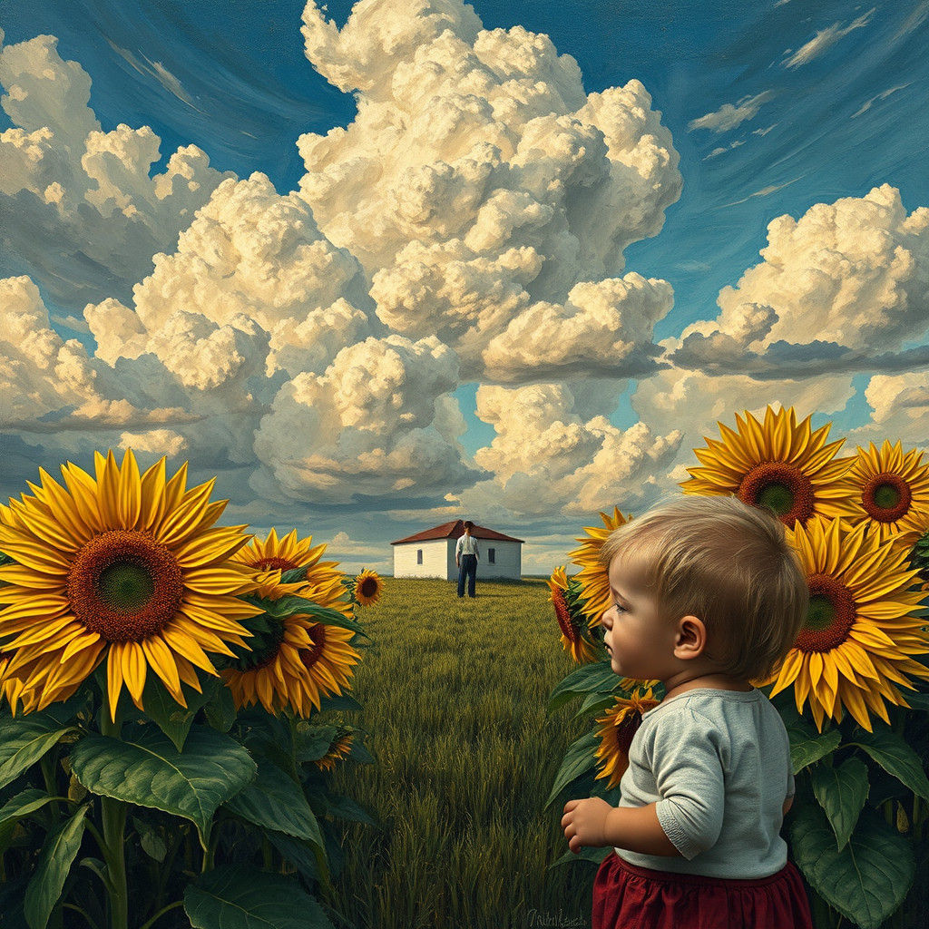 Surreal Clouds Over Toddler: Impasto Expressionist Style