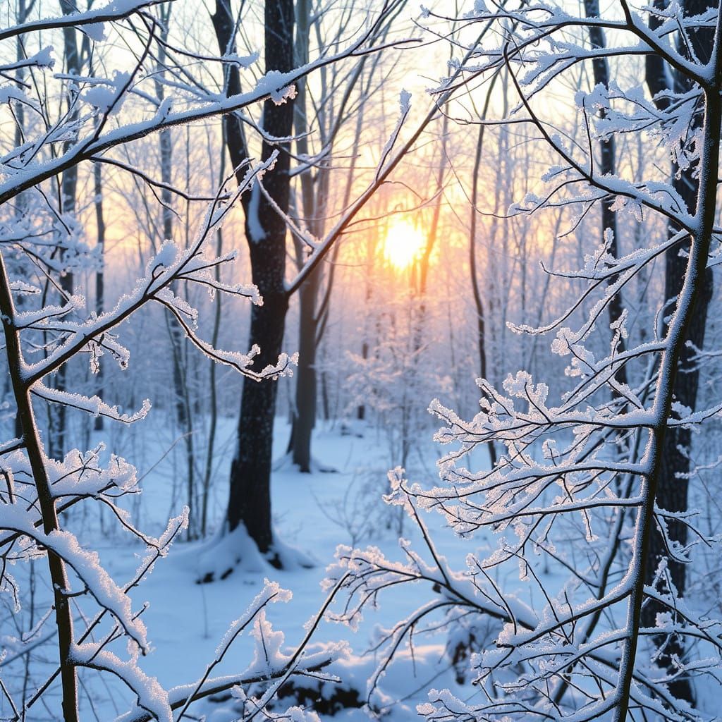 Winter Dawn in a Snowy Forest Landscape
