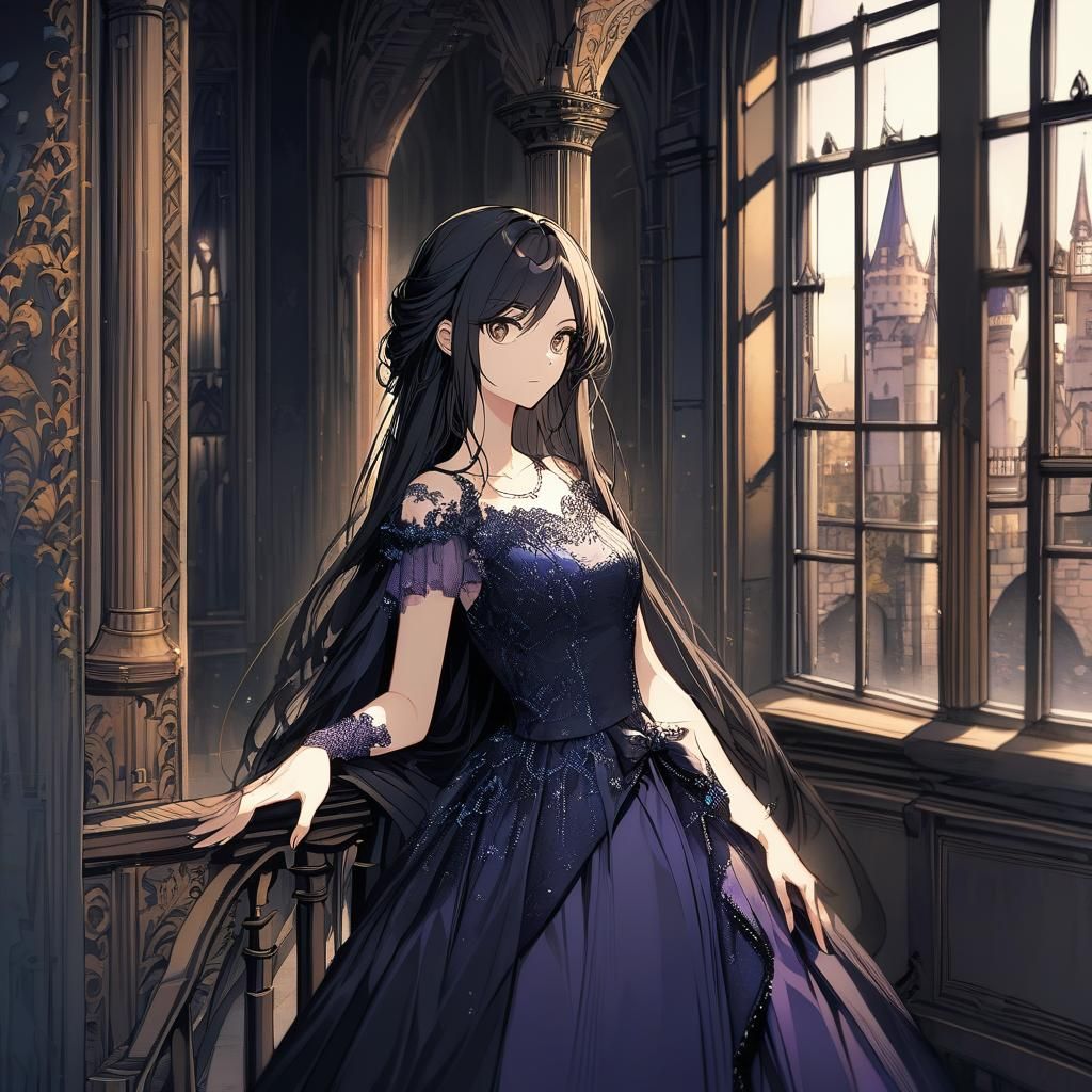 Princess Staring Out Castle Window in Gown