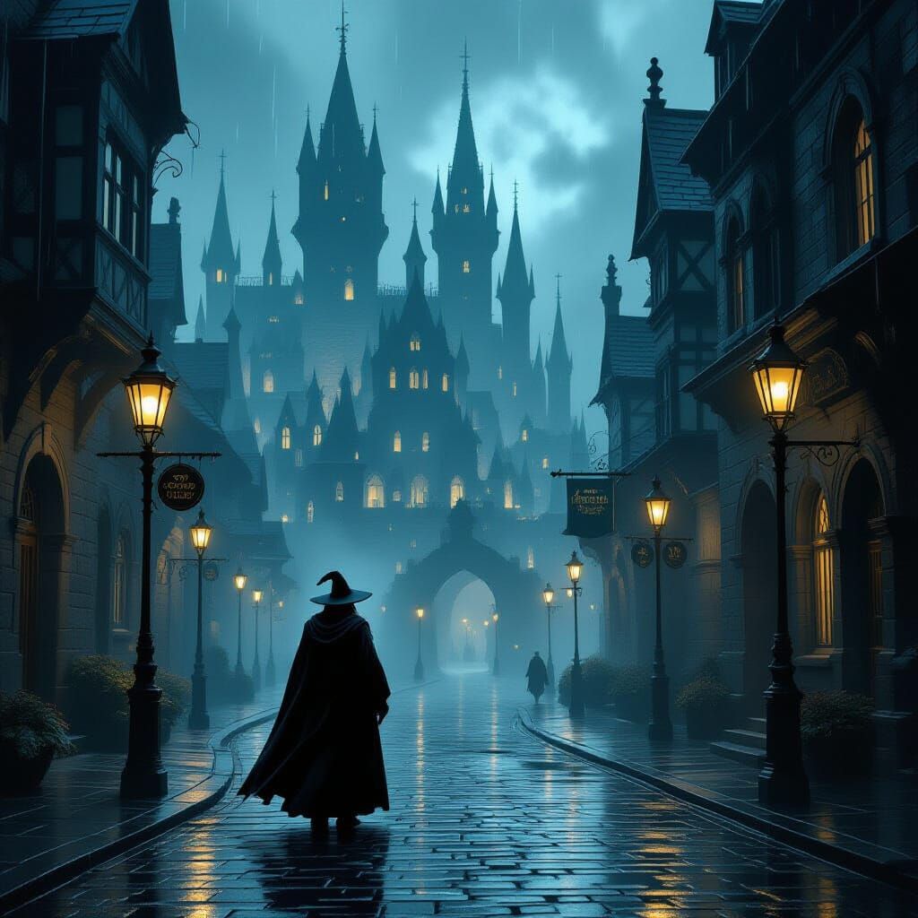 Lone Wizard in Dim Gothic City on Cobblestone Street
