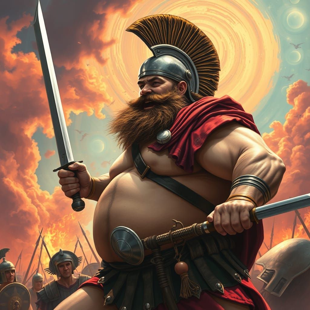 Trojan Warrior in Psychedelic Battle Scene