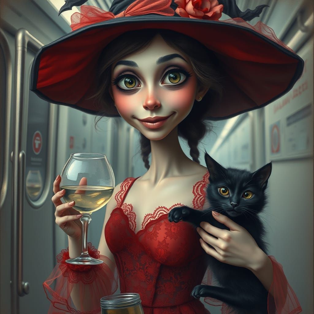 Surreal Witch with Black Cat in Subway