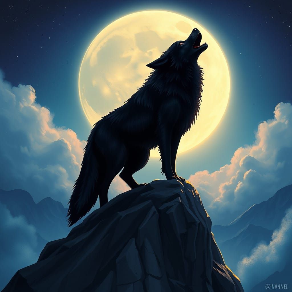 Moonlit Wolf in Dreamy, Ethereal Landscape