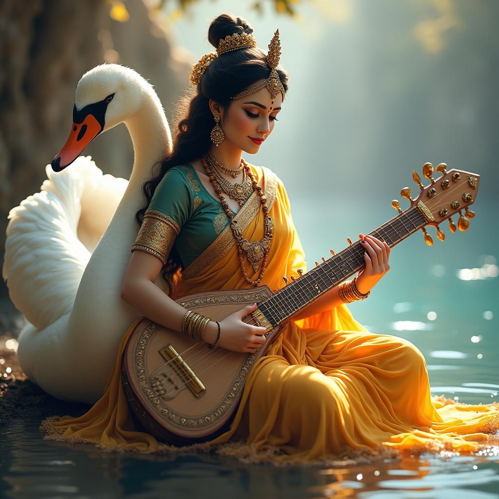 Saraswati Portrait with Veena in Art Nouveau Style