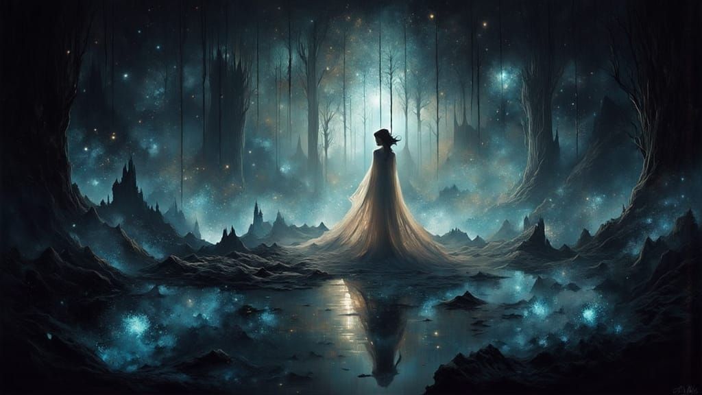 Resilient Woman in Cosmic Landscape, Dark Fantasy Art