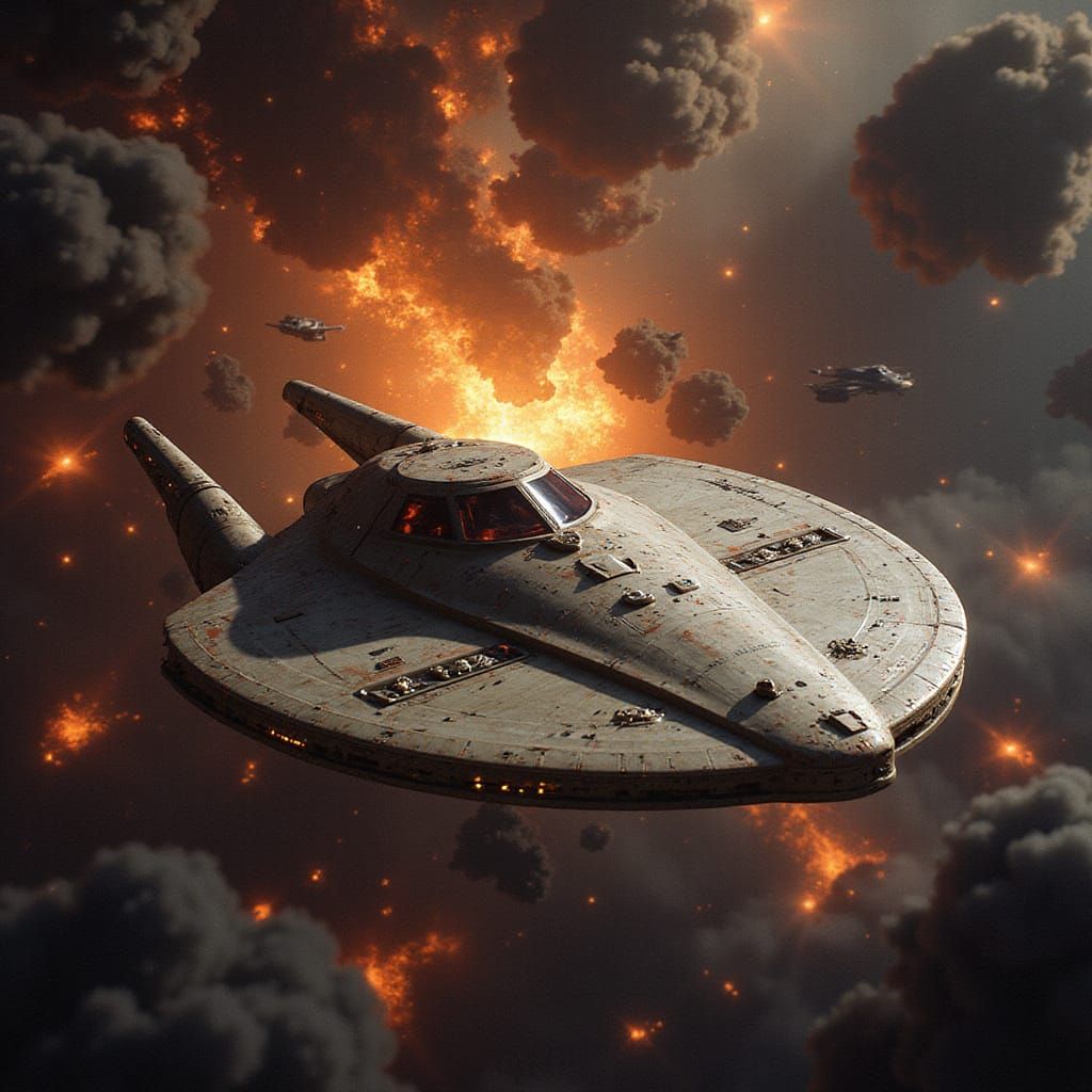 Starship Under Attack in Retro Sci-Fi Style