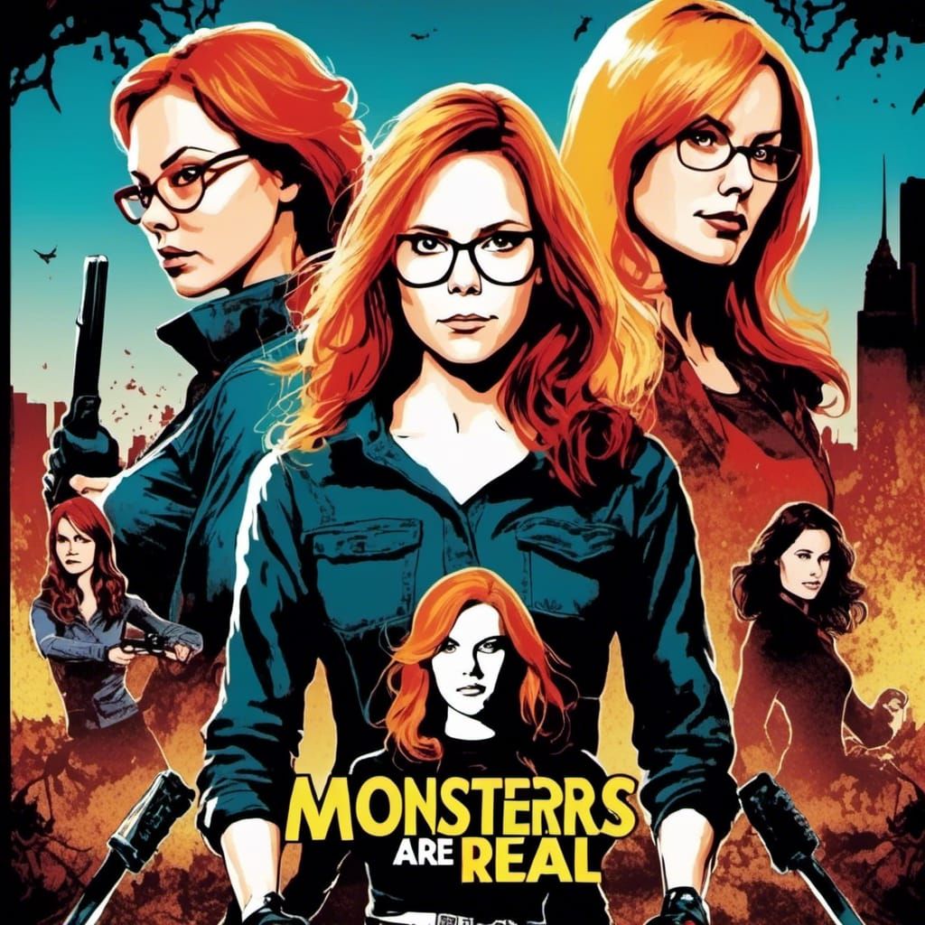 Comic Art Movie Poster: Women Fighting Monsters