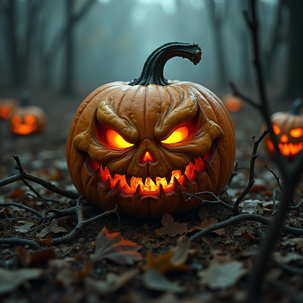 Eerie Pumpkin with Glowing Eyes in Dark Autumn Landscape