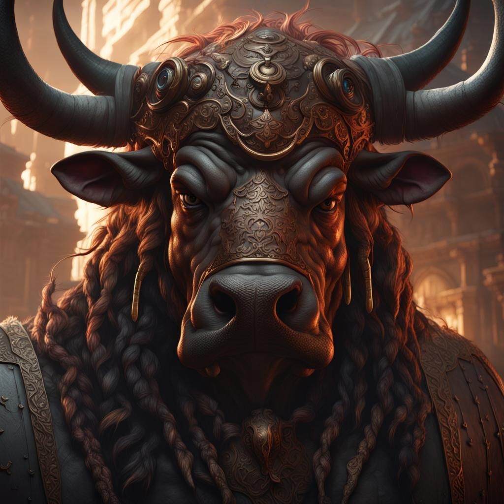 Human-Faced Ox in Dark Fantasy Style