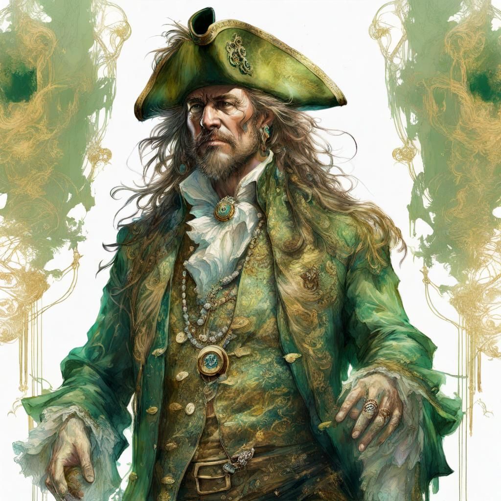 Opulent Caribbean Pirate in Regal Greens, Digital Art