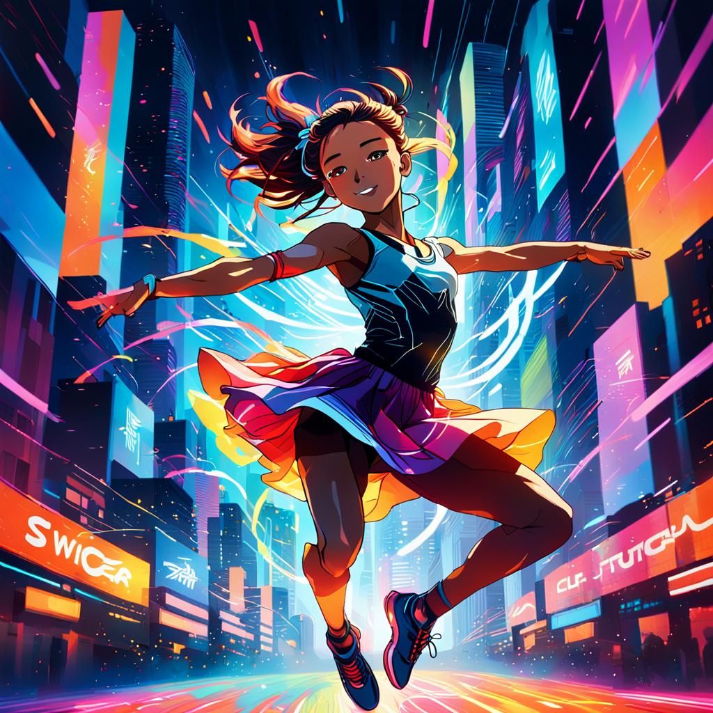 Dynamic Anime Dancer Leaping with Neon Lights