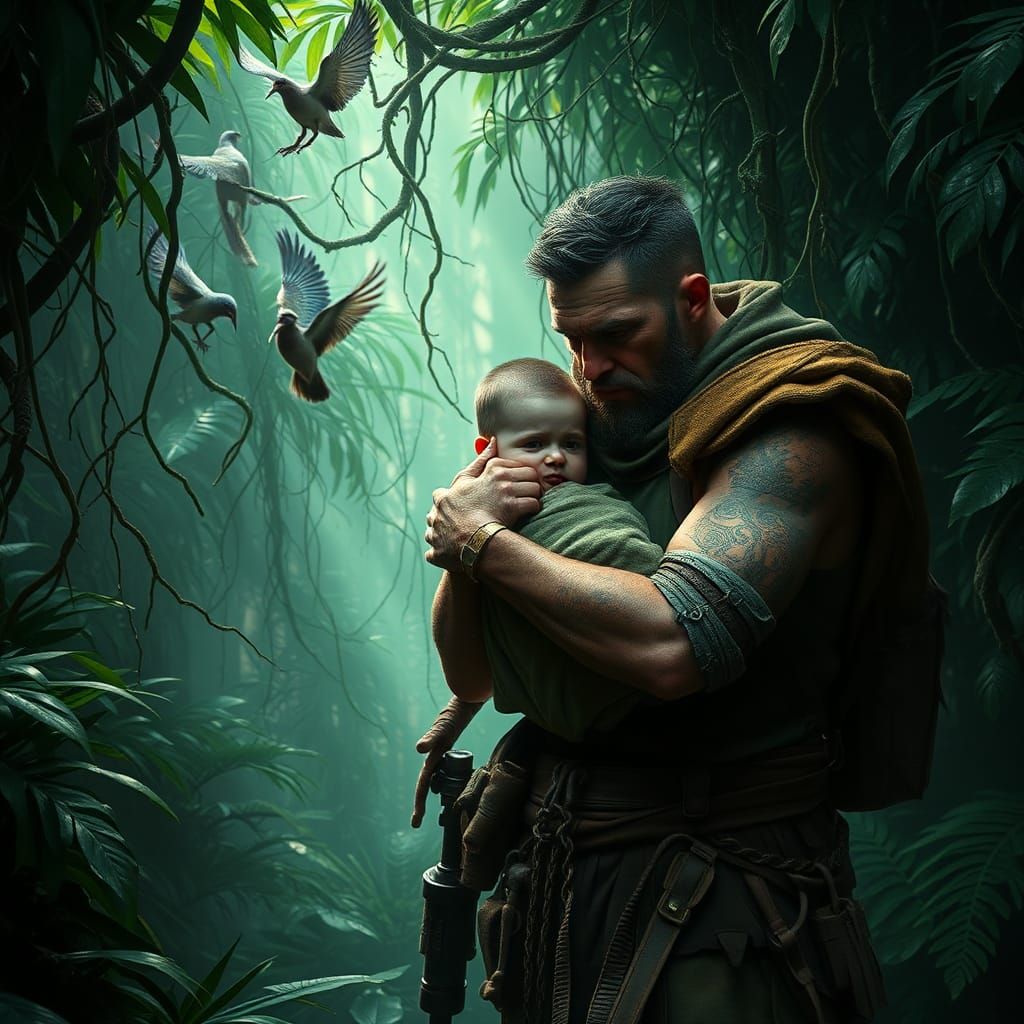 Soldier and Baby in Jungle, Dark Fantasy Art