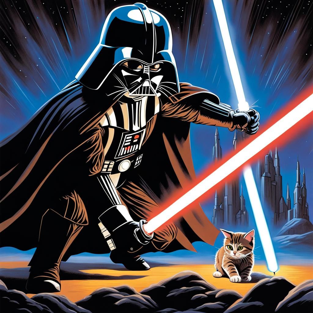 Tabby Cat Jedi Lightsaber Duel, Ralph Mcquarrie Style