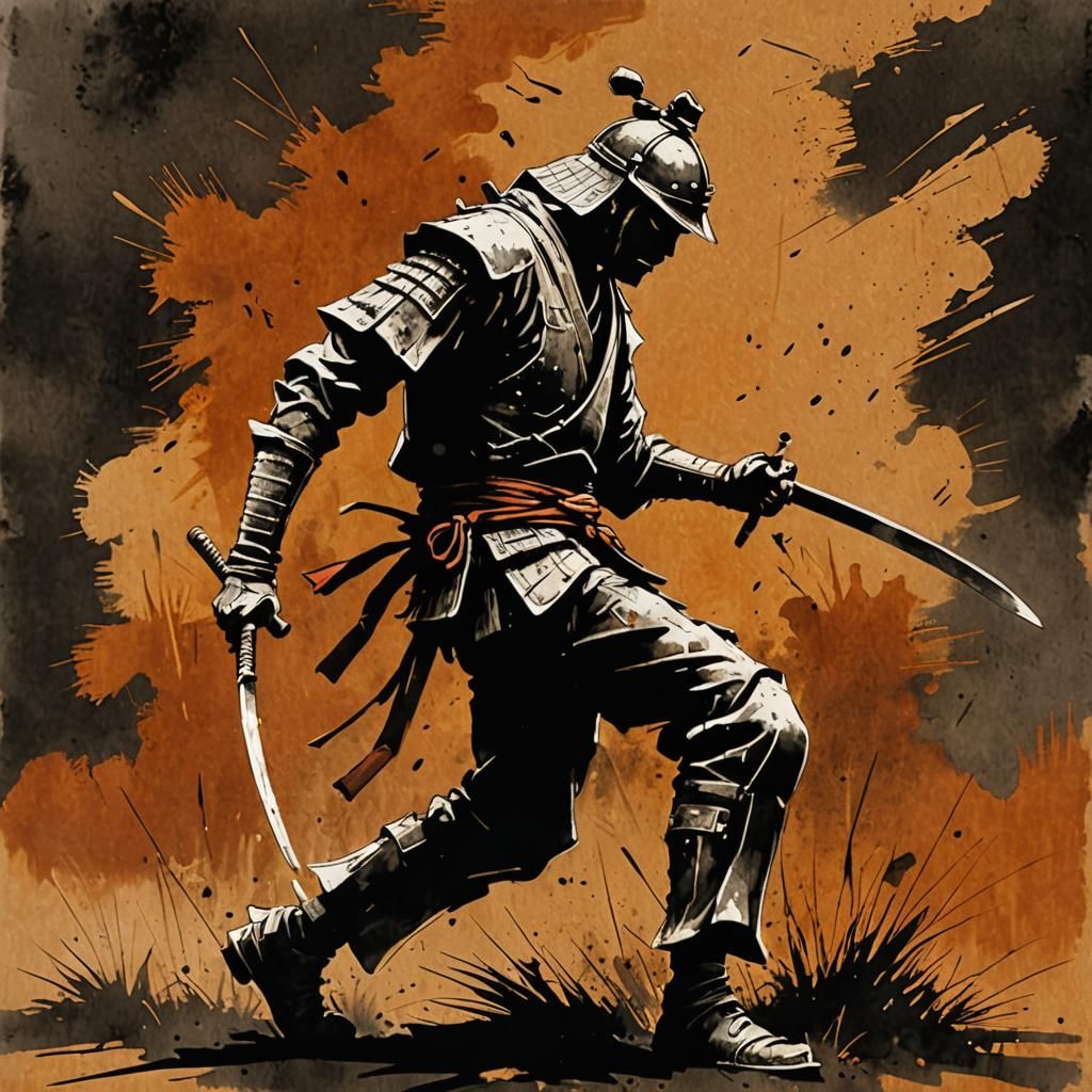 Samurai in Desolate Field: Expressionist Ink Wash