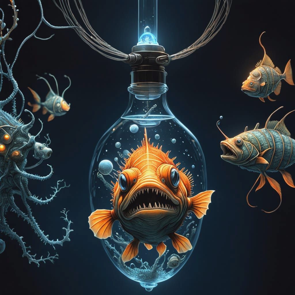 Ominous Alien Anglerfish with Glowing Lure in Deep Abyss