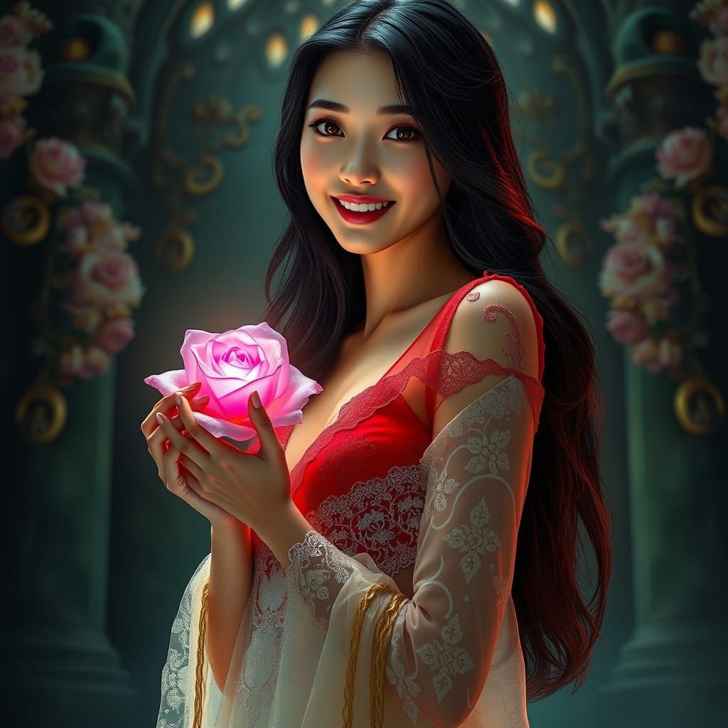 Ethereal Goddess with Bioluminescent Rose in Gothic Cathedra...