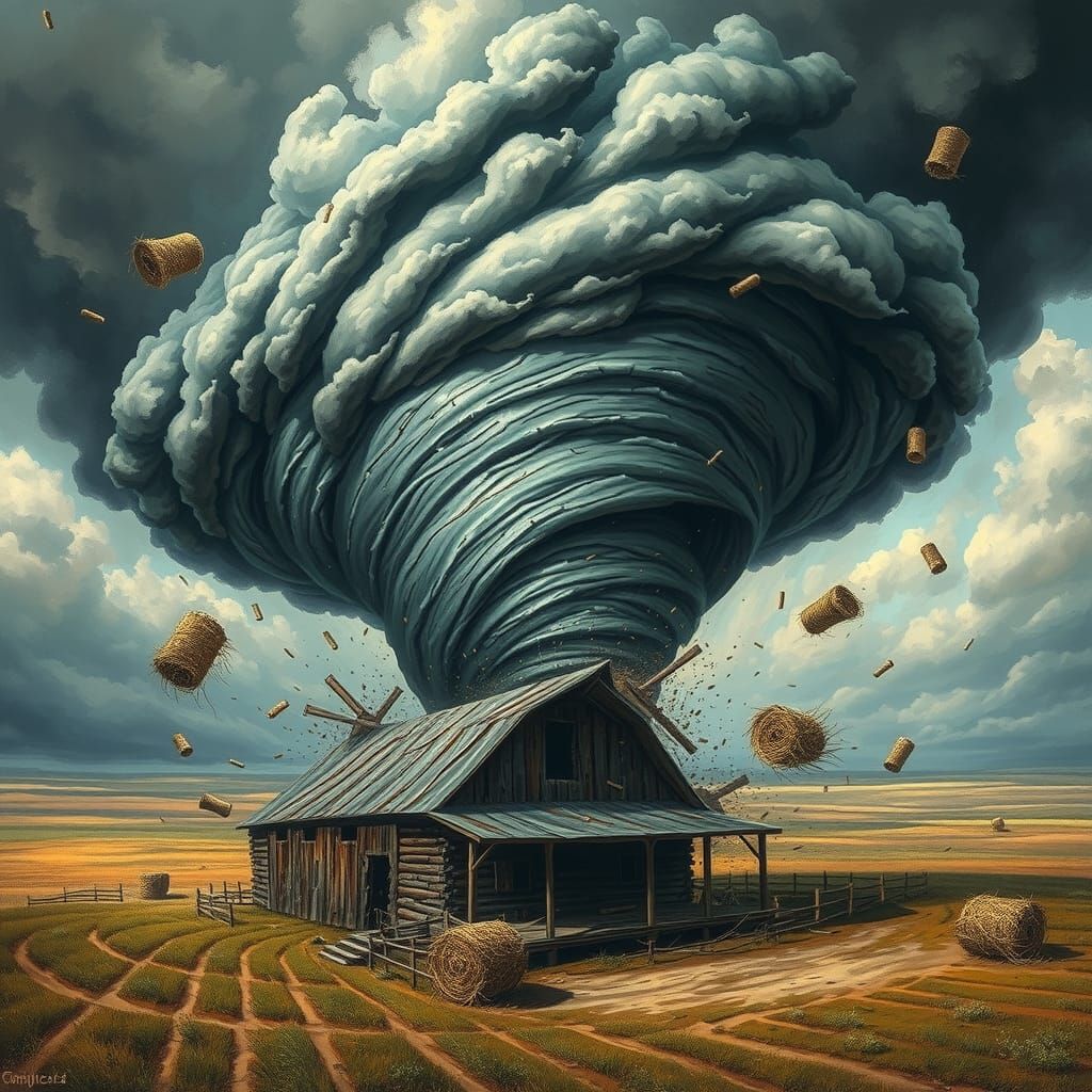 A windy tornado moving across Kansas and destroying a farm w...