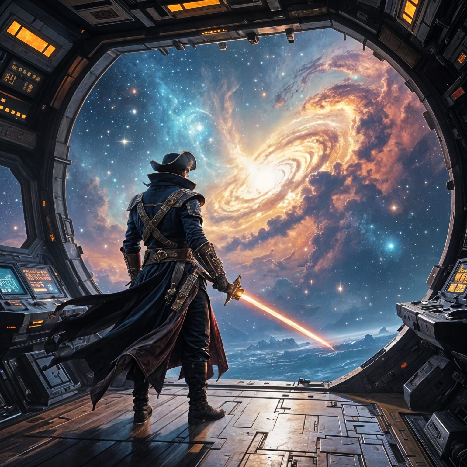 Space Pirate Captain in Nebula, Painterly Concept Art