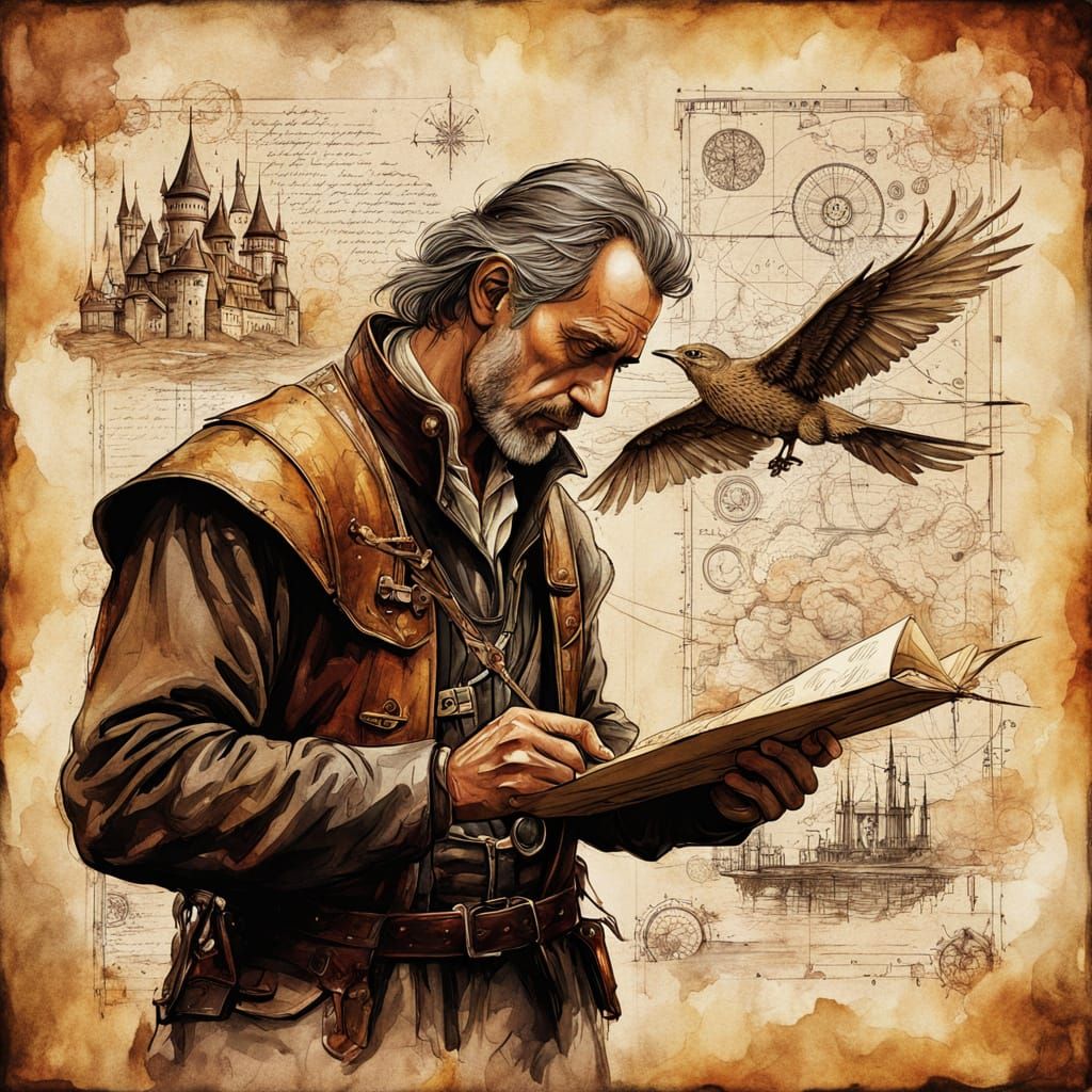 Medieval Master Artist Crafts Flying Machine Designs on Vint...