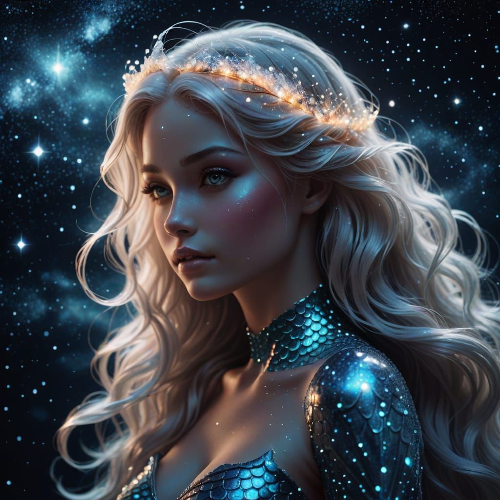 Ethereal Stardust Mermaid in Cosmic Night Sky
