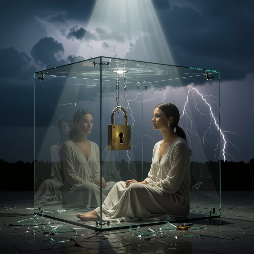 Woman in Transparent Cage, Focused on Keyhole, Stormy Exteri...