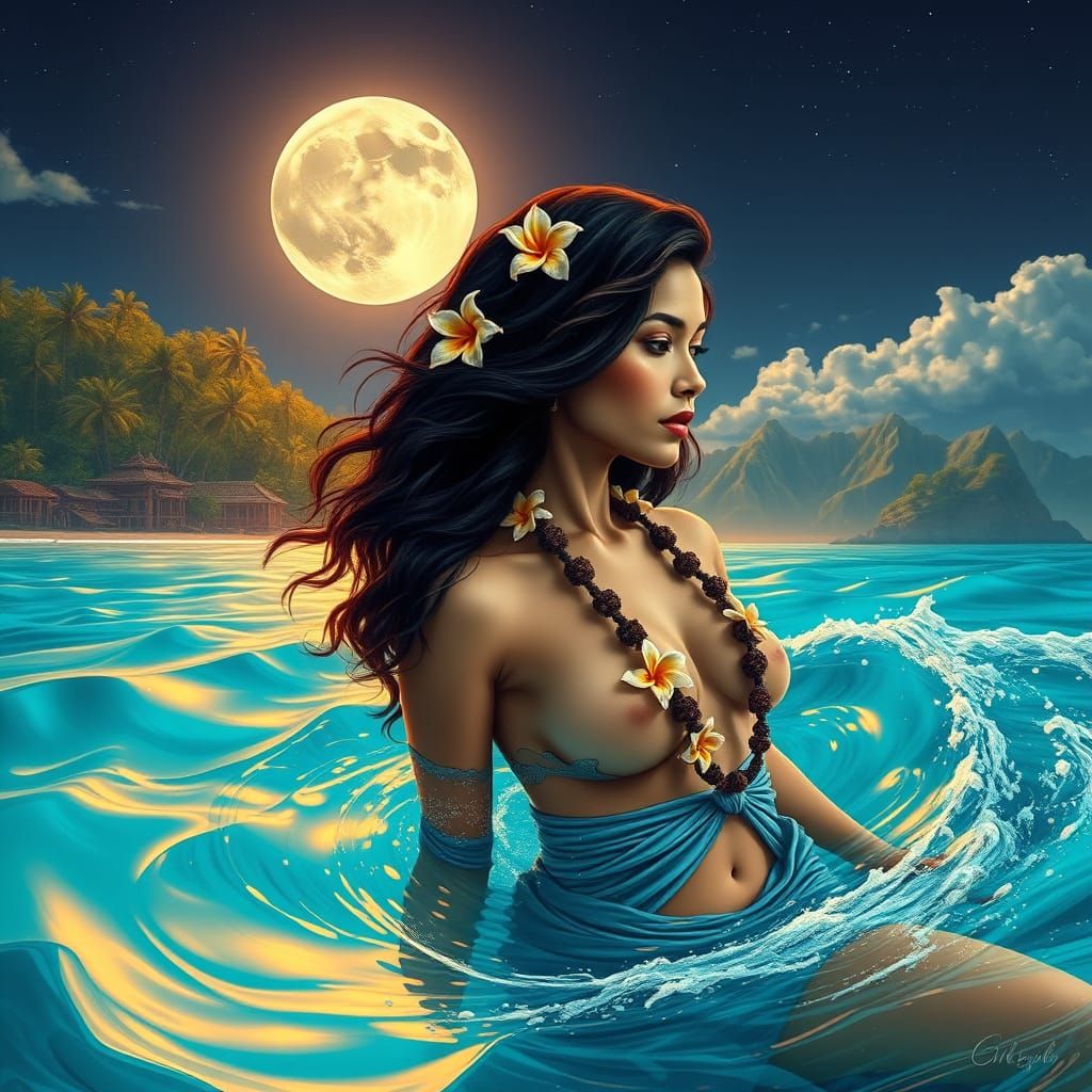 Hawaiian Woman Swirling in Turquoise Ocean Under Starry Sky