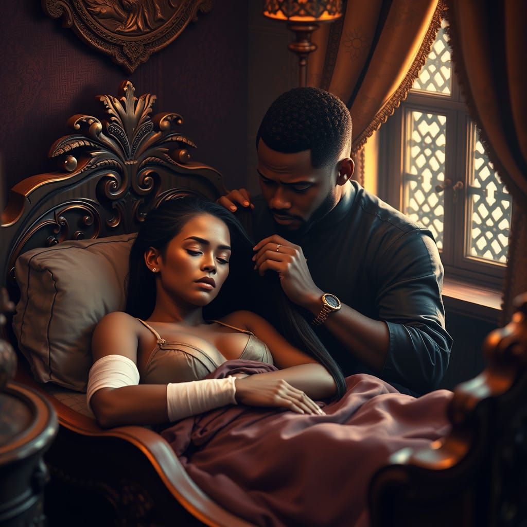 Woman in Bed Receives Tender Braiding from Gentle Lover in C...