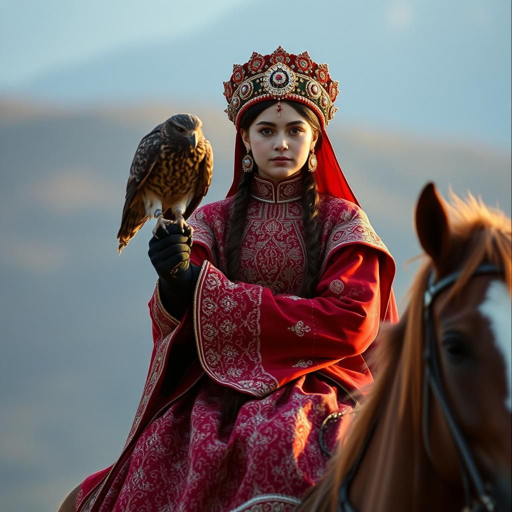Bashkir Girl on Horseback with Falcon in National Dress