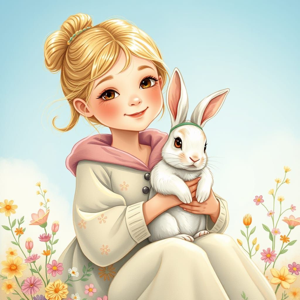 Blonde Girl Sitting with a Rainbow Dress and Easter Bunny