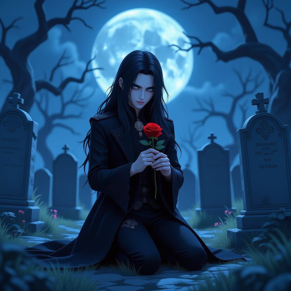 Gothic Boy in Graveyard, 3D Anime Art