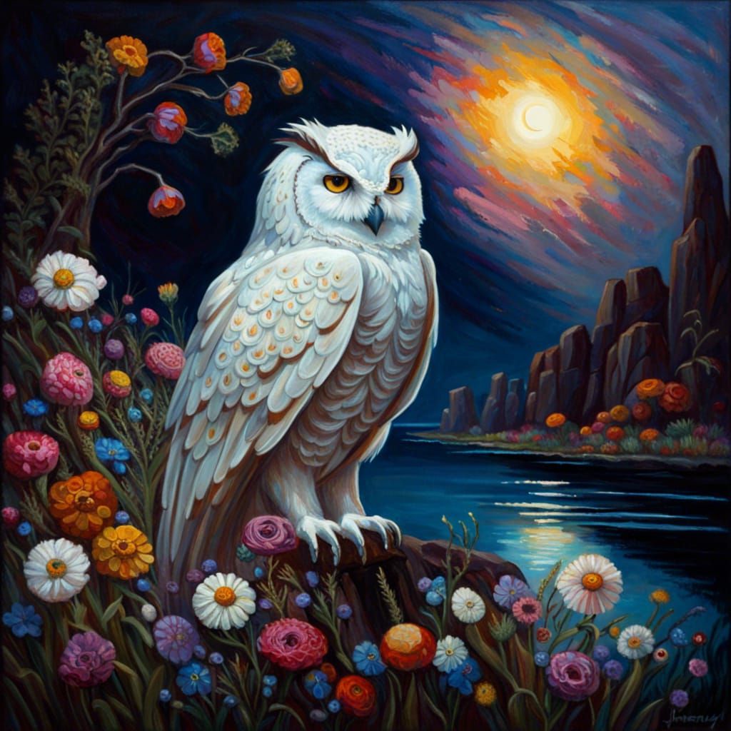 Majestic White Owl in Gothic Fantasy Landscape