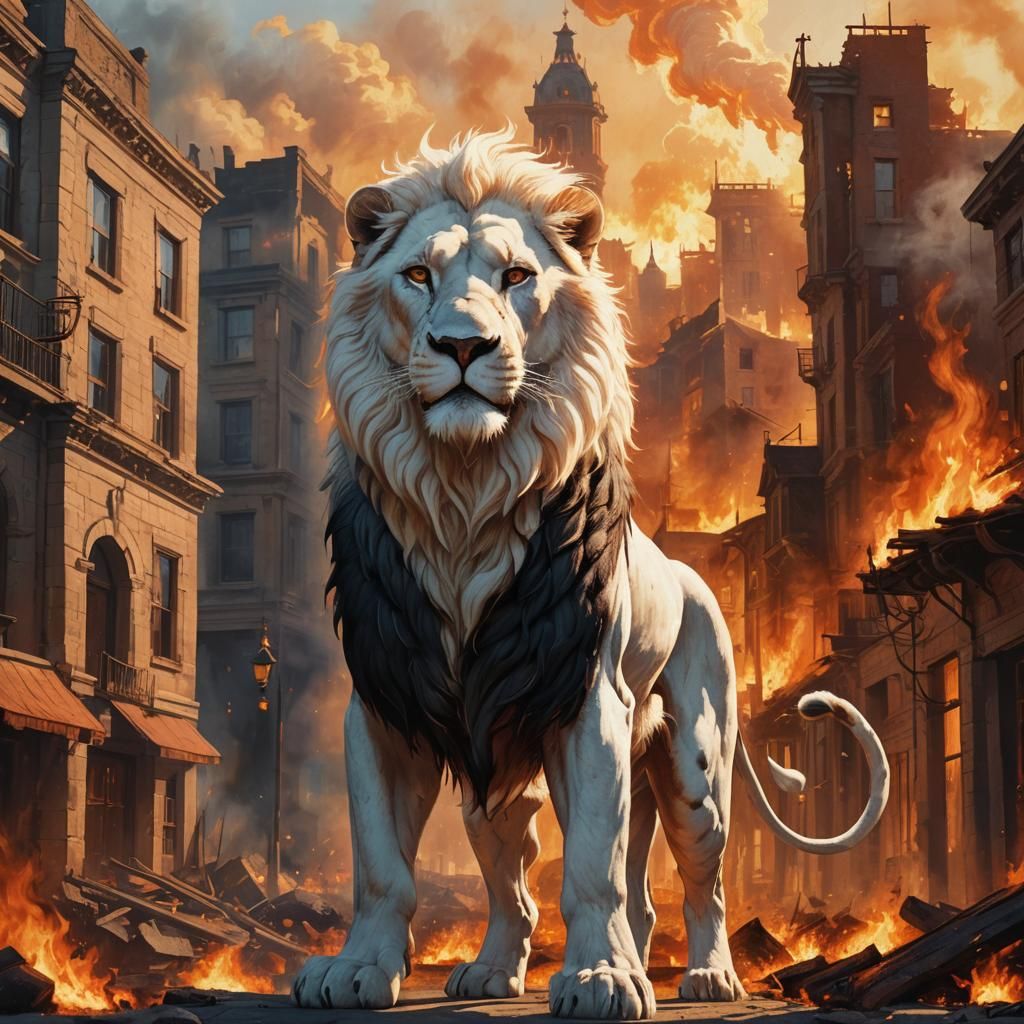 White Lion with Black Stripes in Burning Town