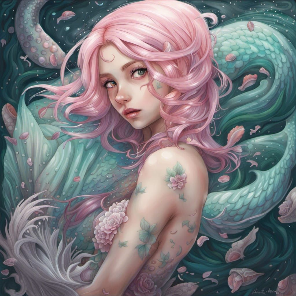 Pastel Mermaid in Anime Graffiti Art Style