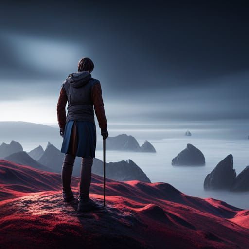 Man on Mountain Top: Detailed Fantasy Matte Painting