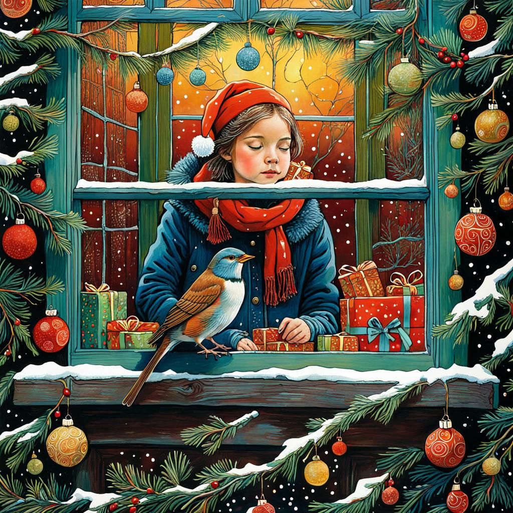 Robin in Christmas Window: Storybook Art Brut Illustration