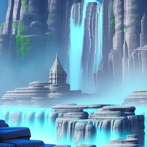 Atlantis Game Level with Mystical Waterfall