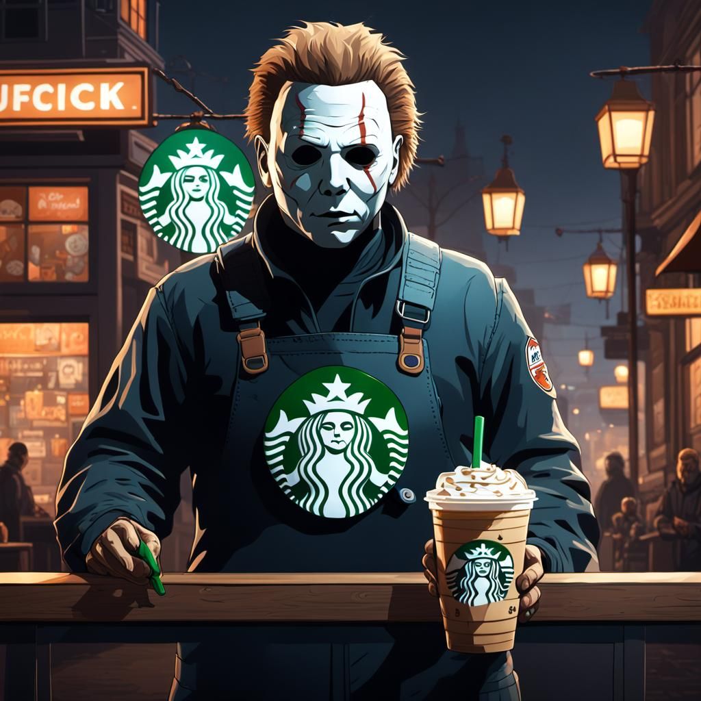 Michael Myers Cartoon Enjoying Starbucks Frappuccino