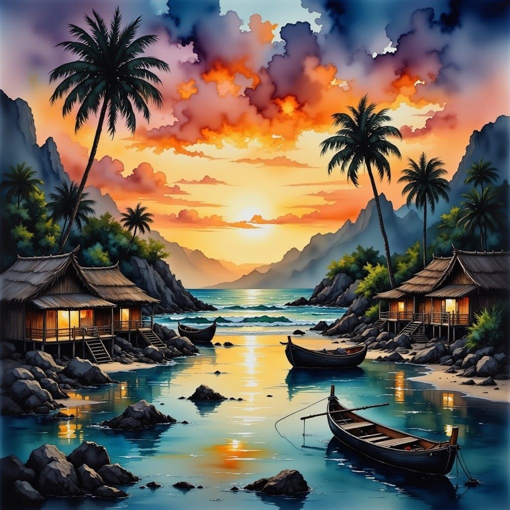 South Pacific Sunrise in Watercolor Style