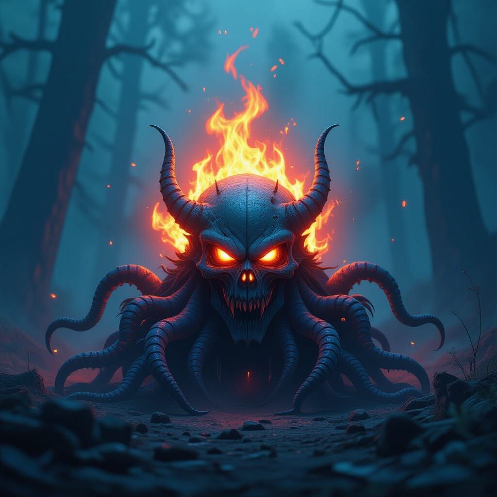 Fiery Skull with Neon Flames and Tentacles