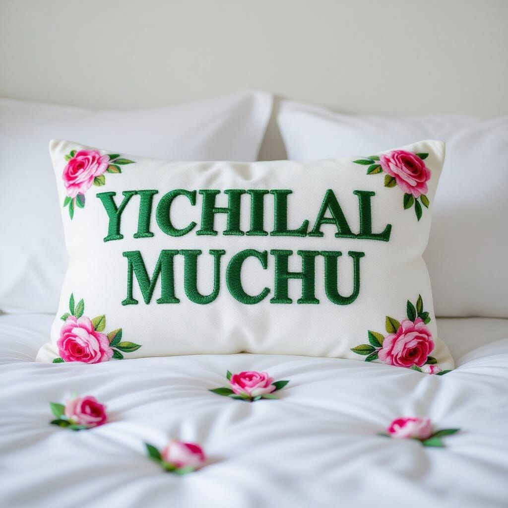 Personalized White Pillow with Emerald Green Name and Pink R...