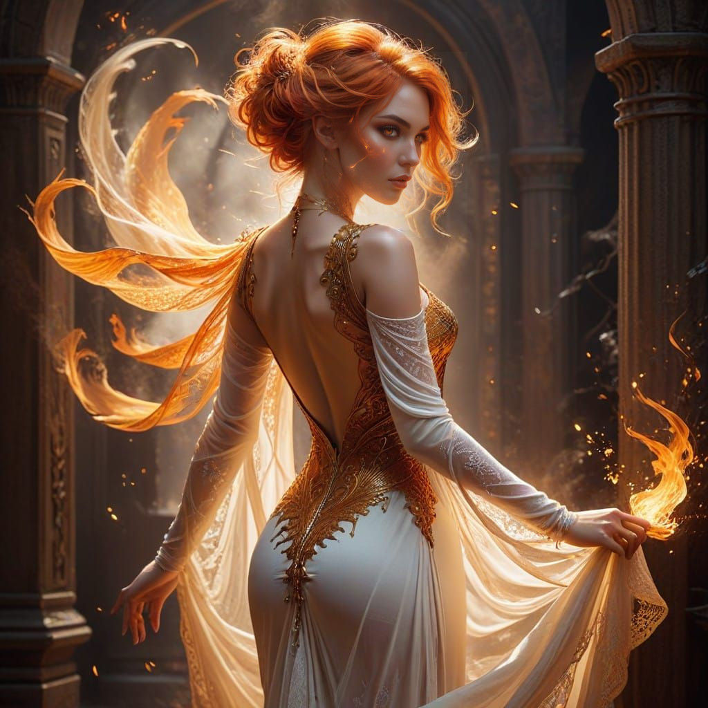 Mystical Female Sorceress in Fiery Orange Regalia