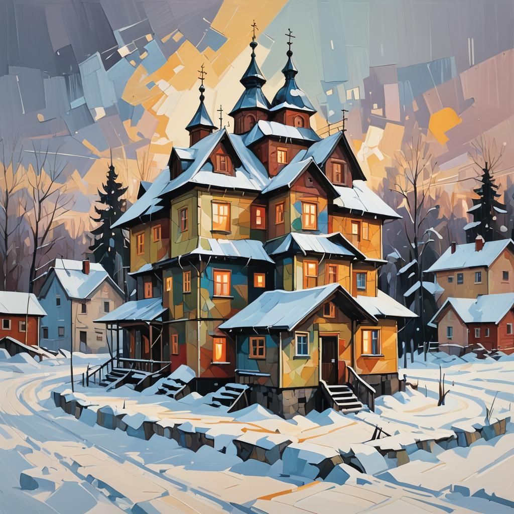 Russian Village House in Snowstorm, Cubist Painting