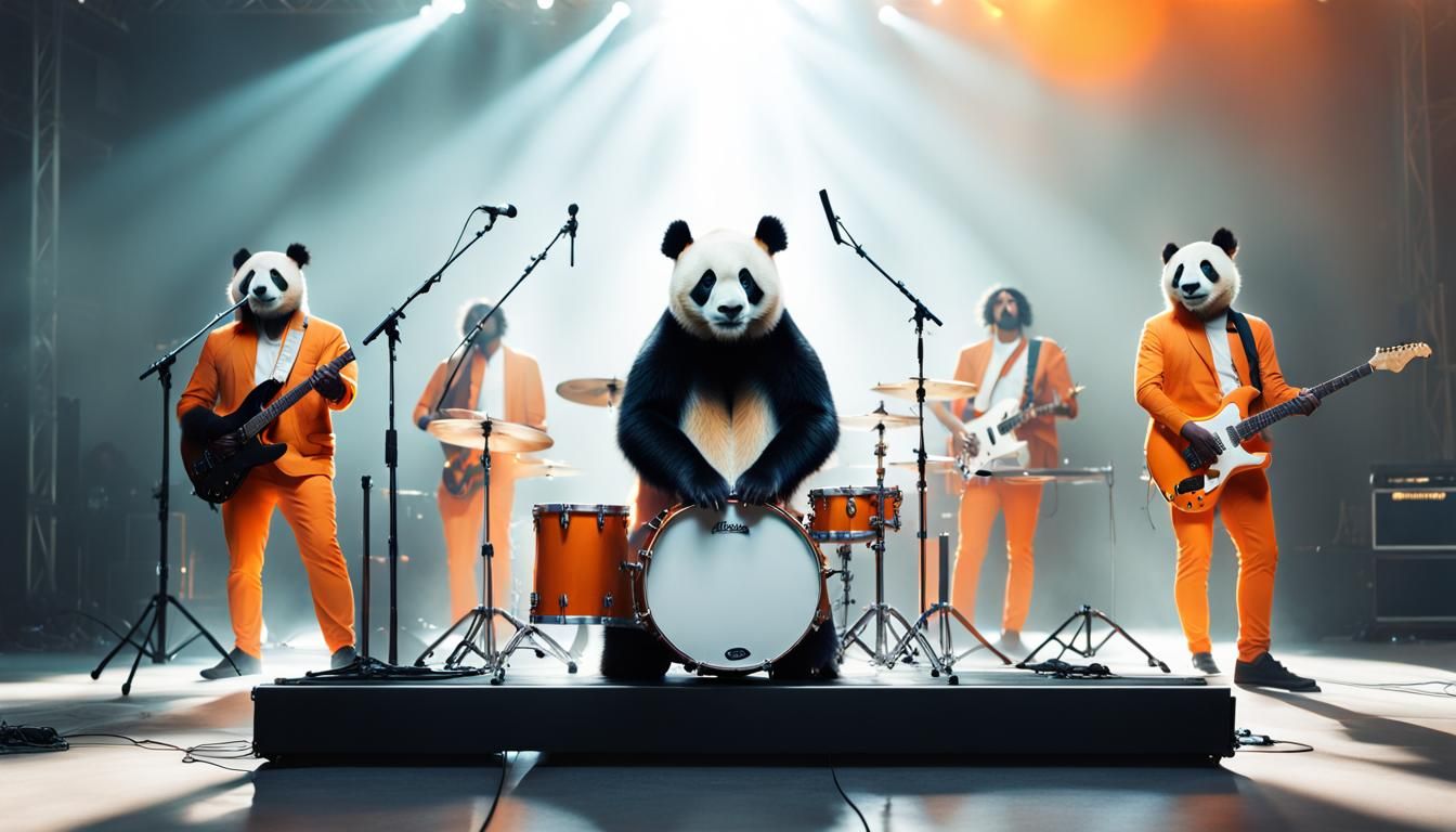 Panda Bear Rock Band in Hyperrealistic Style