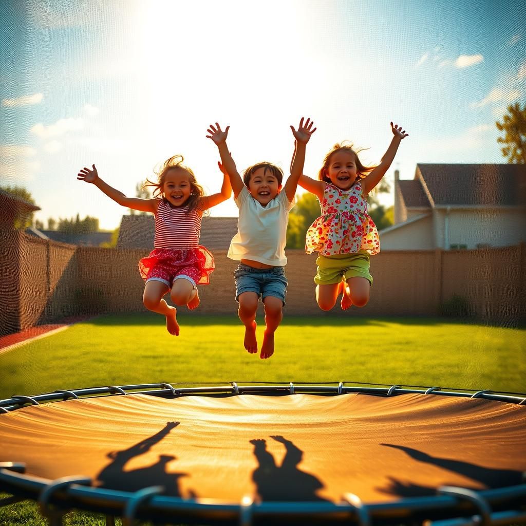 Three children, their faces flushed with excitement, jumping...