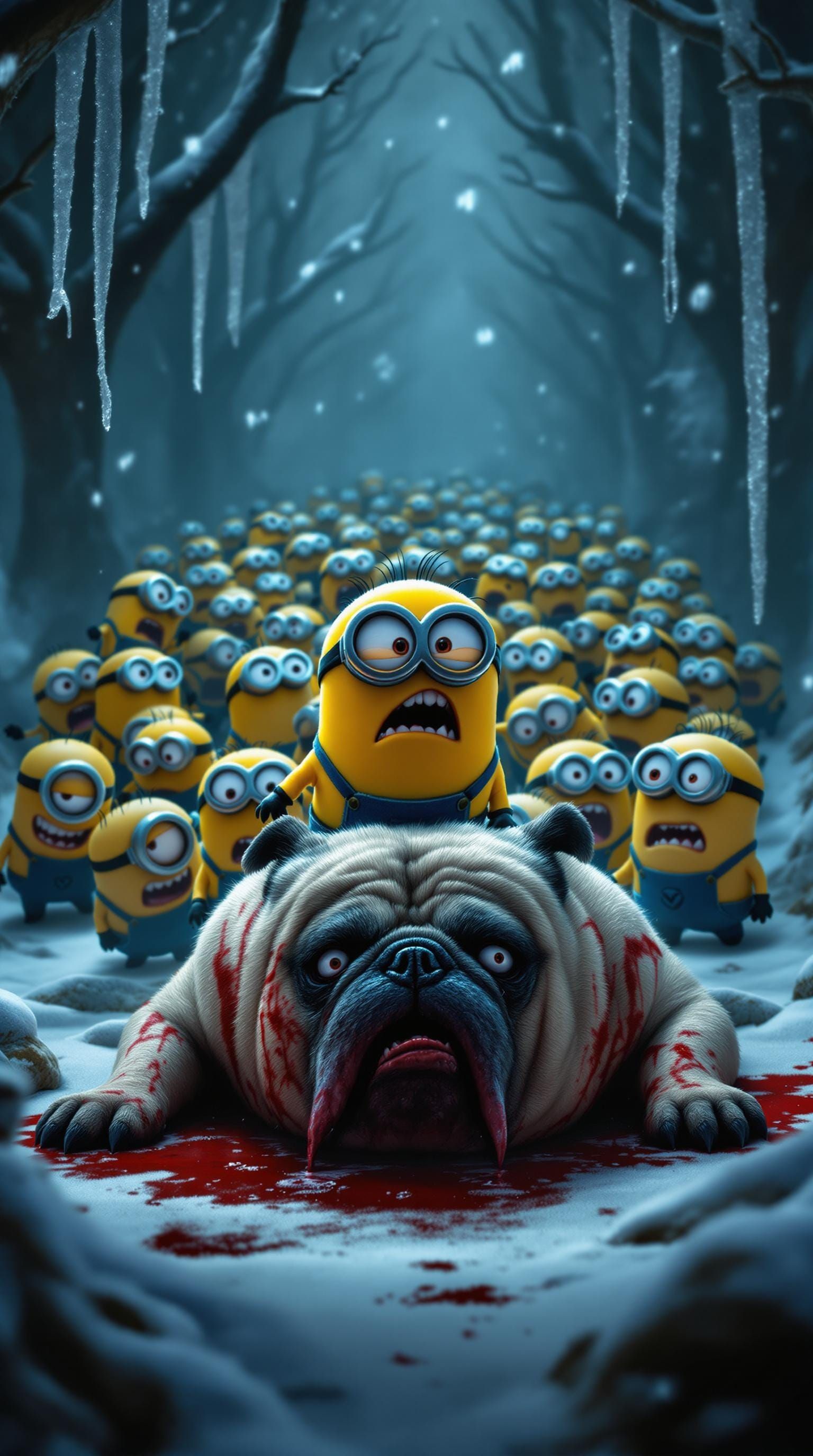 Dark Minions Attack a Bloodied Monster Pug in a Frosty Fores...