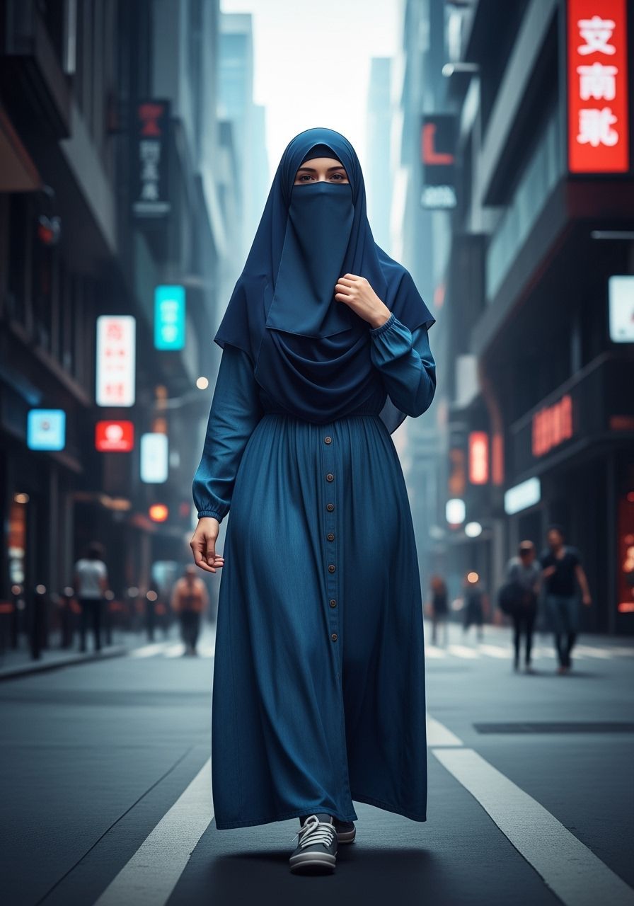 Beautiful Niqabi Woman Walking in Futuristic City