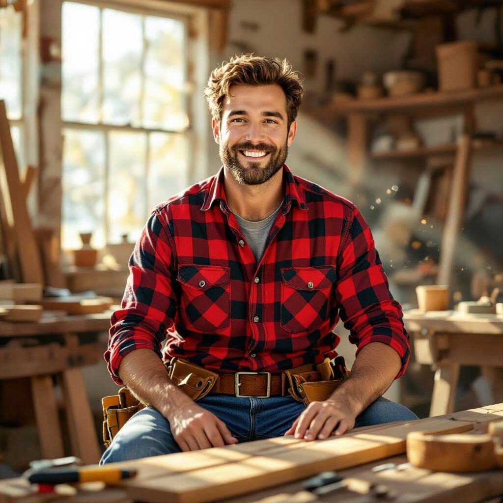 Smiling Carpenter Ready for Work in Sunlit Workshop
