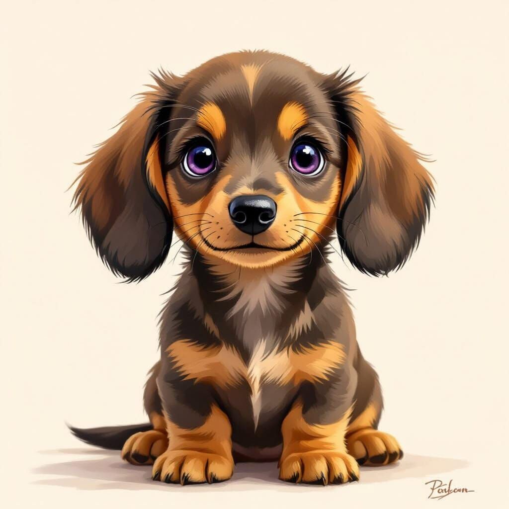 Adorable Dachshund Puppy with Purple Eyes in Storybook Style