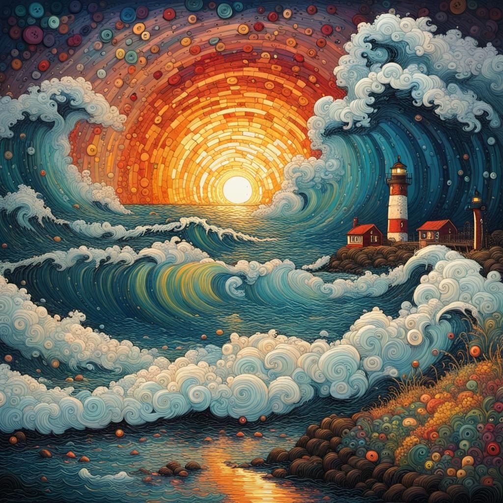 Storm Waves Composed of Buttons at Lighthouse